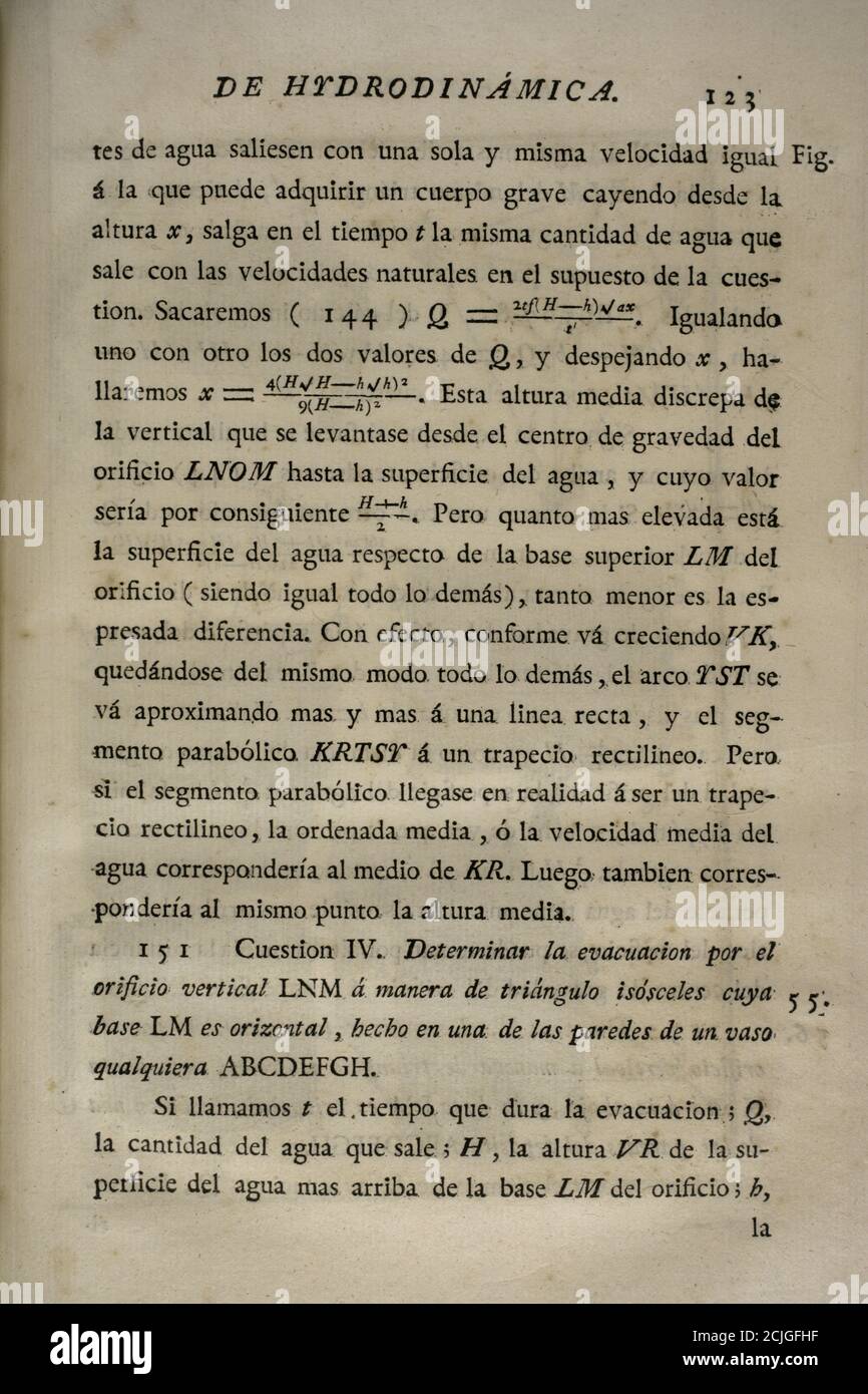 'Elementos de Matematica' (Elemente der Mathematik), vom spanischen Architekten und Mathematiker der Aufklärung Benito Bails (1730-1797). Berechnungen der Strömungsdynamik. Volumen V, das über Elemente der Hydrodynamik ist. Veröffentlicht in Madrid, 1780. Stockfoto
