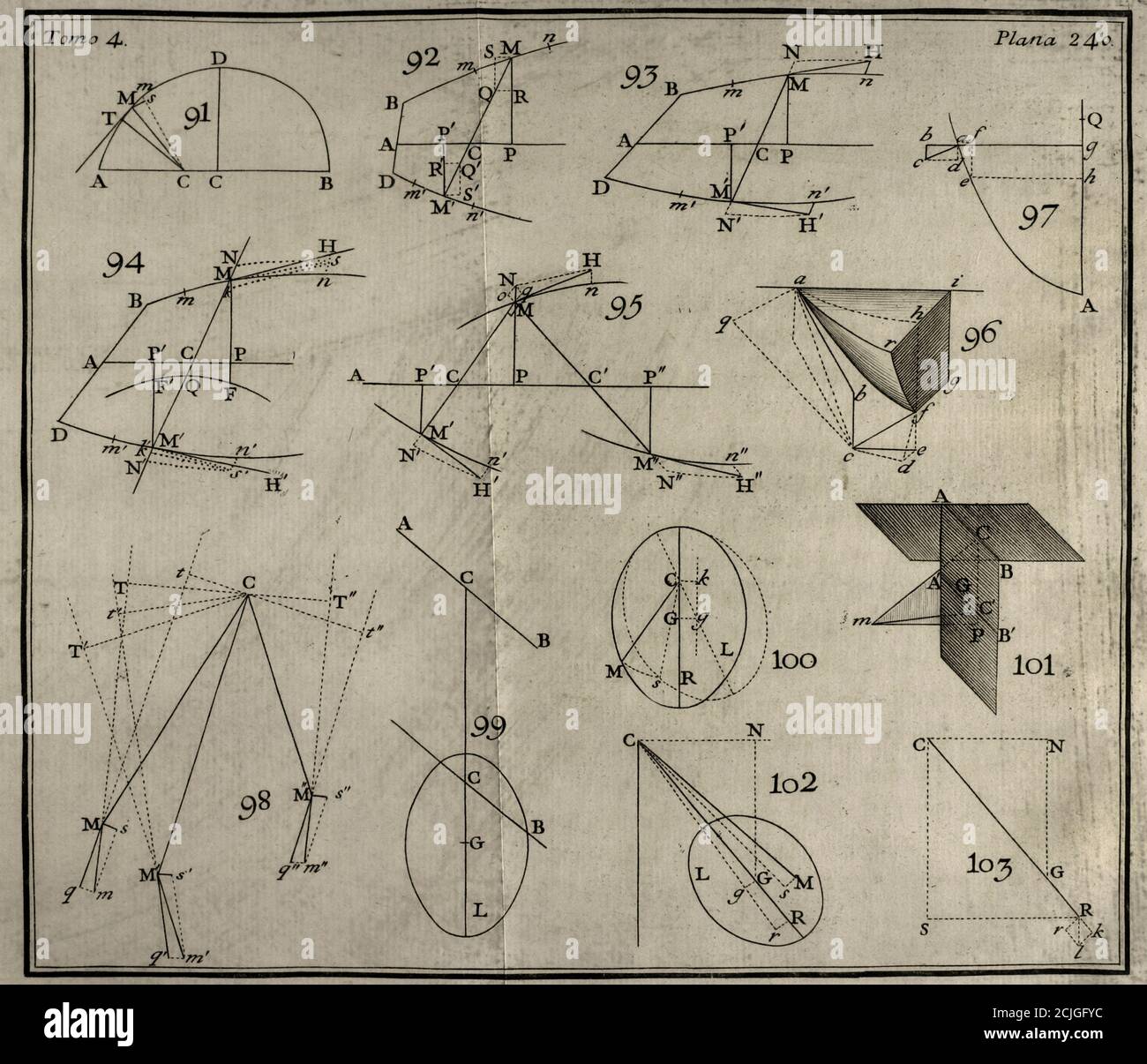 'Elementos de Matematica' (Elemente der Mathematik), vom spanischen Architekten und Mathematiker der Aufklärung Benito Bails (1730-1797). Dynamikberechnungen. Band IV, die über Elemente der Dynamik ist. Veröffentlicht in Madrid, 1780. Stockfoto