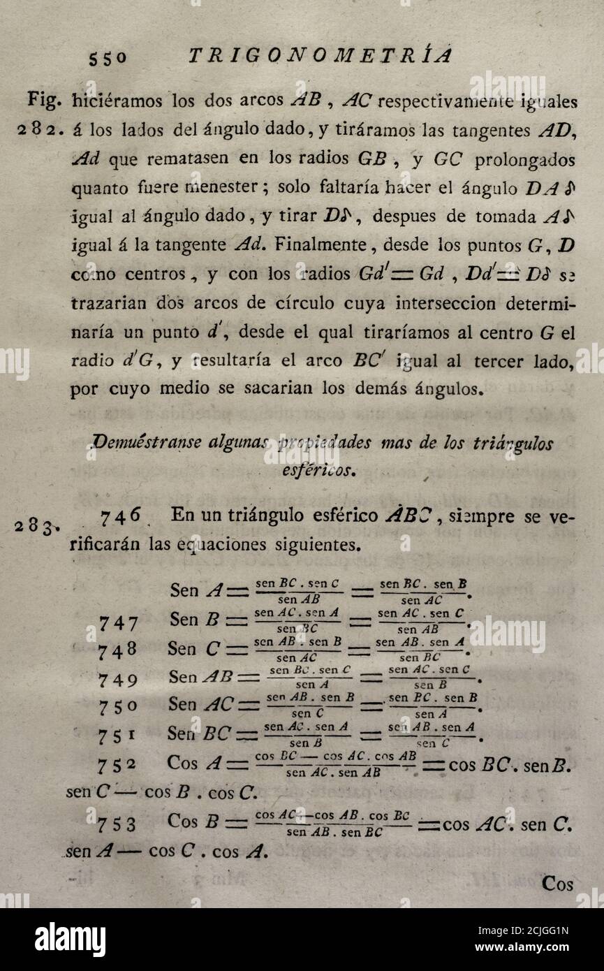 'Elementos de Matematica' (Elemente der Mathematik), von Benito Bails (1730-1797), spanischer Architekt und Mathematiker der Aufklärung. Seite mit trigonometrischen Berechnungen. Band III, das ist über Elemente der konischen Abschnitte, Elemente der Infinitesimalrechnung und sphärische Trigonometrie. Veröffentlicht in Madrid, 1779. Stockfoto