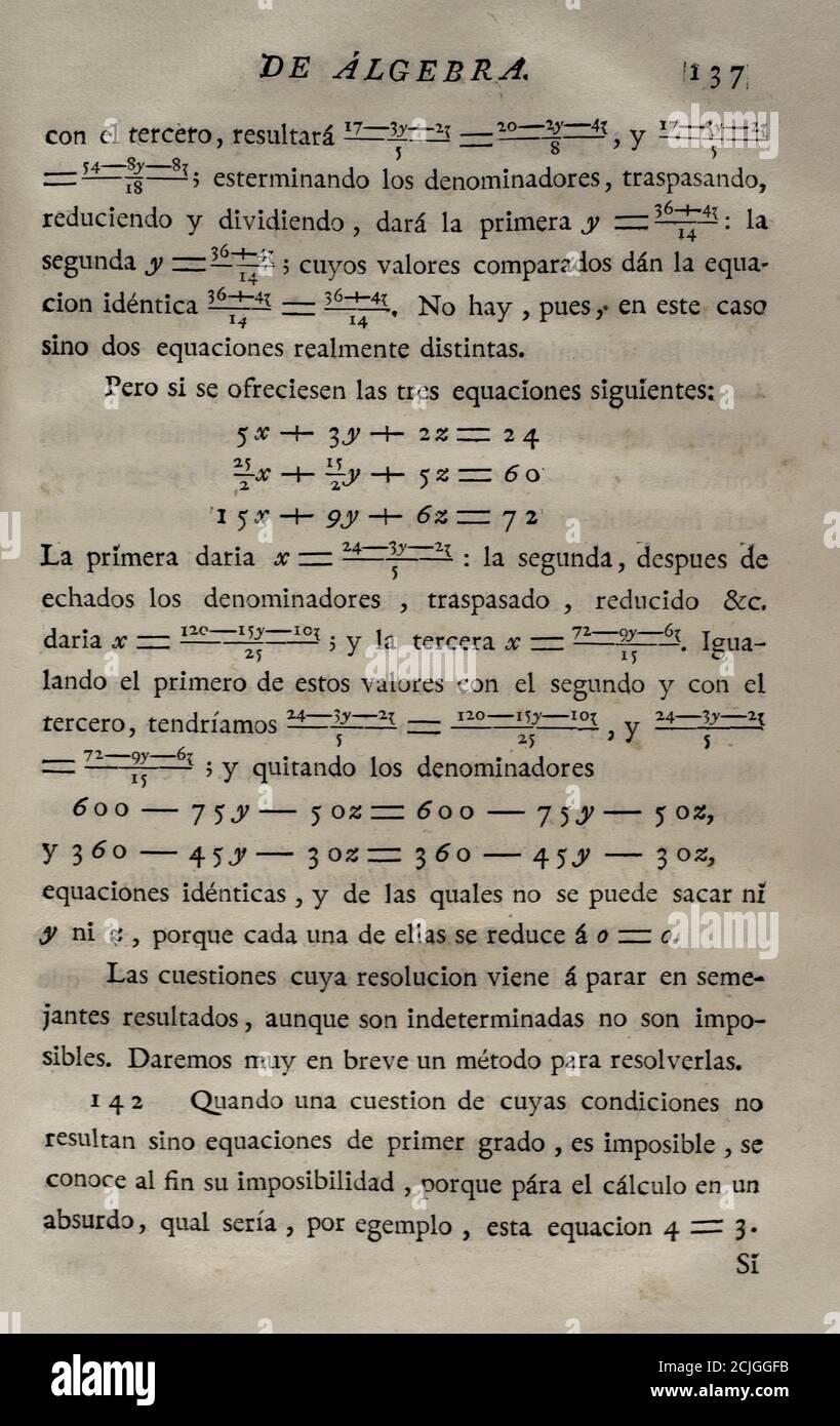 'Elementos de Matematica' (Elemente der Mathematik), von Benito Bails (1730-1797), spanischer Architekt und Mathematiker der Aufklärung. Seite mit algebraischen Berechnungen. Band II, das ist über Elemente der Algebra. Veröffentlicht in Madrid, 1779. Stockfoto