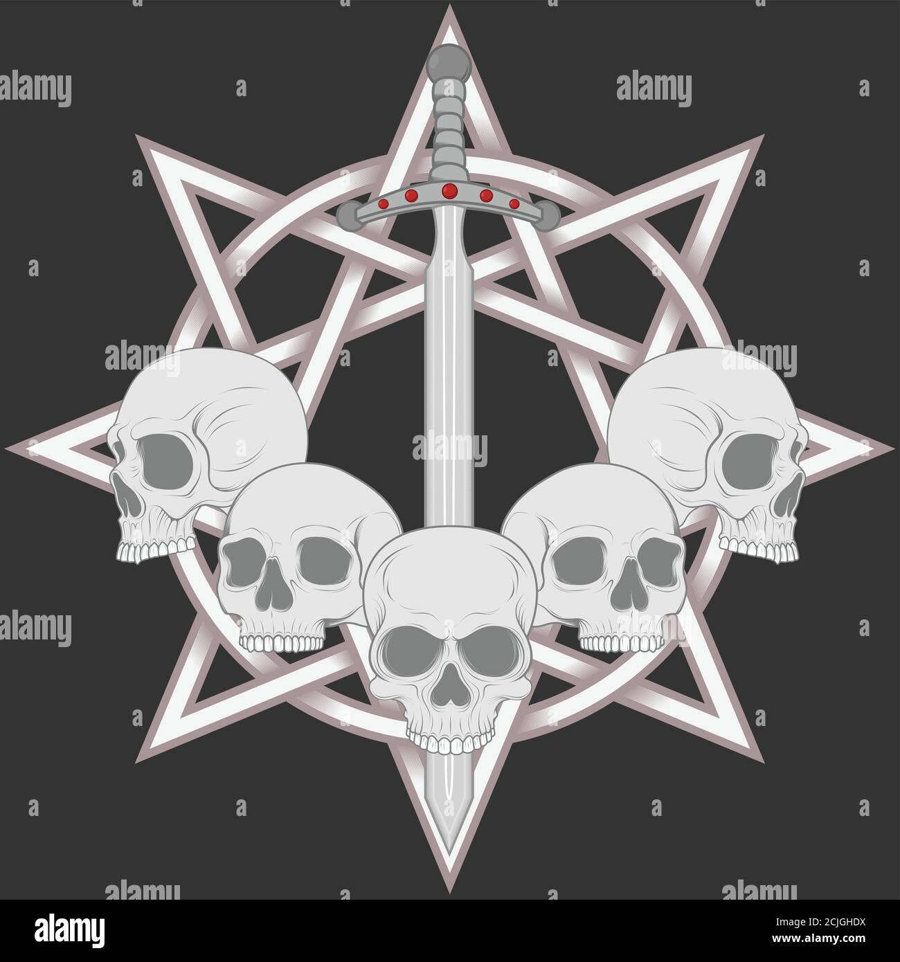 Abbildung von Schädeln mit Schwert und 8-spitzen Stern im Hintergrund, traditionelle Kunst Stock Vektor