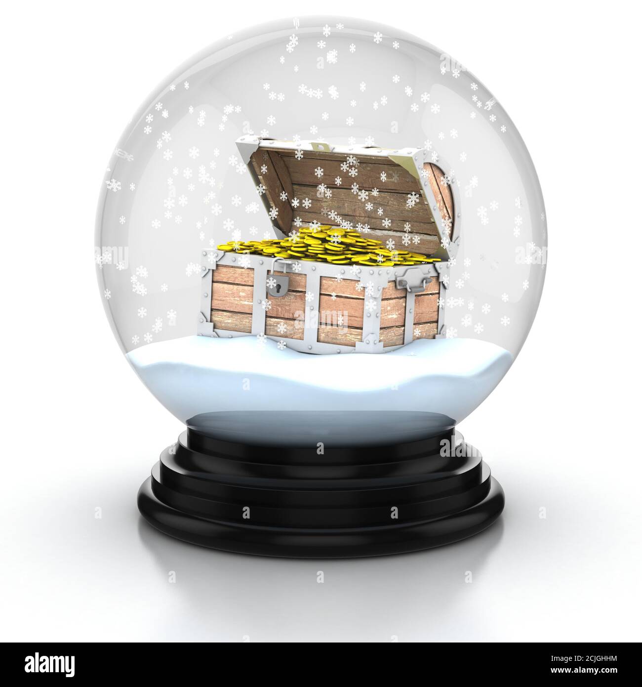Öffnen Schatzkiste in Snow Dome 3d-Illustration Stockfoto