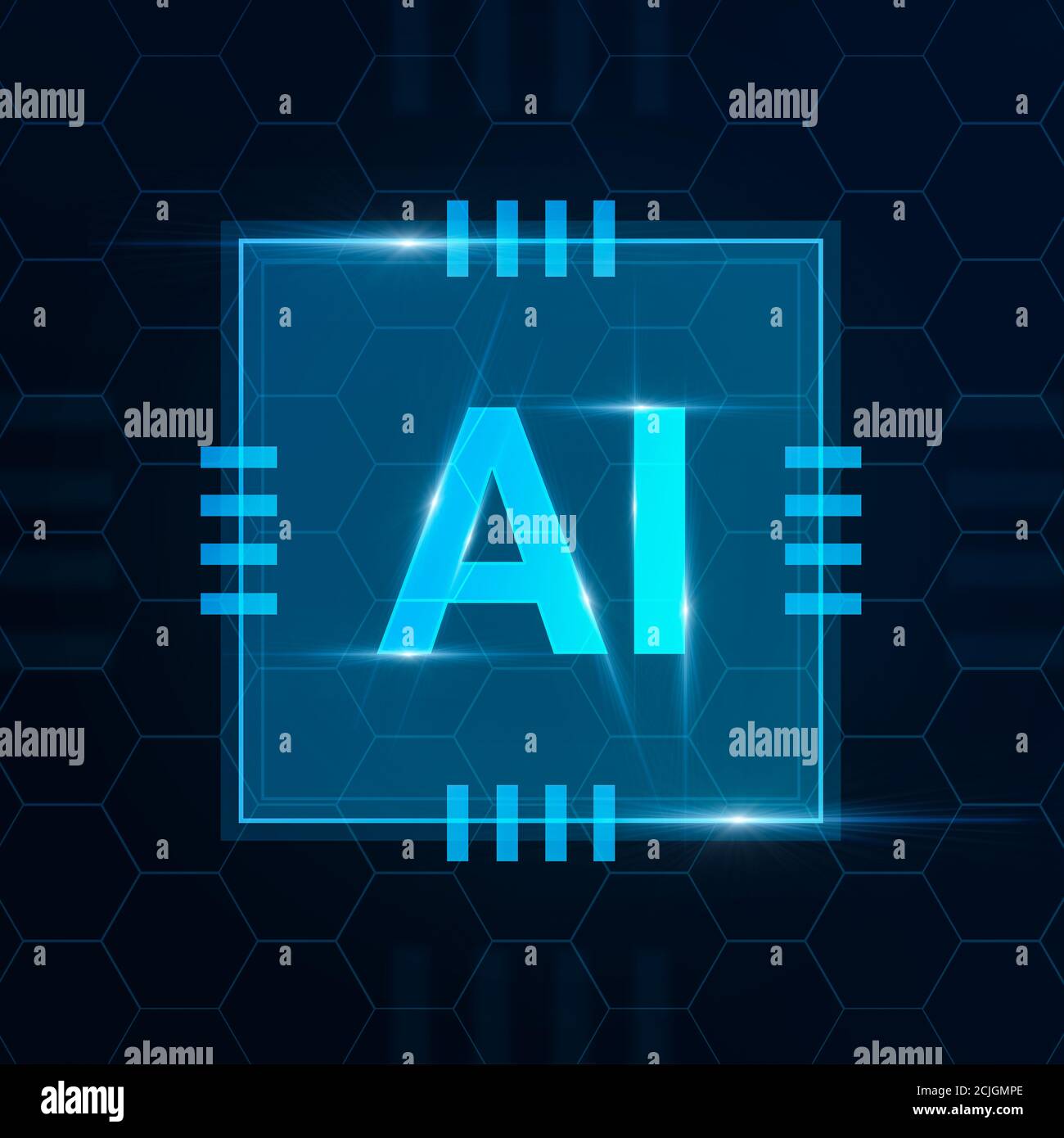 Kreative AI-Logo in Computer Microchip Design über abstrakte Zelle Hintergrund, futuristische Illustration in blauer Farbe Stockfoto