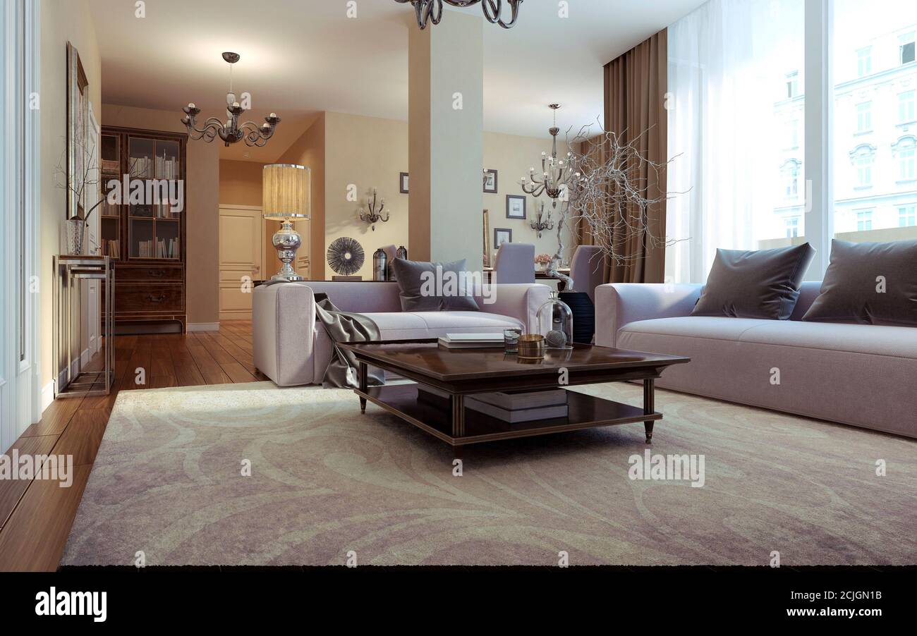 Wohnzimmer Art Deco und moderner Stil. 3D-Bilder Stockfoto