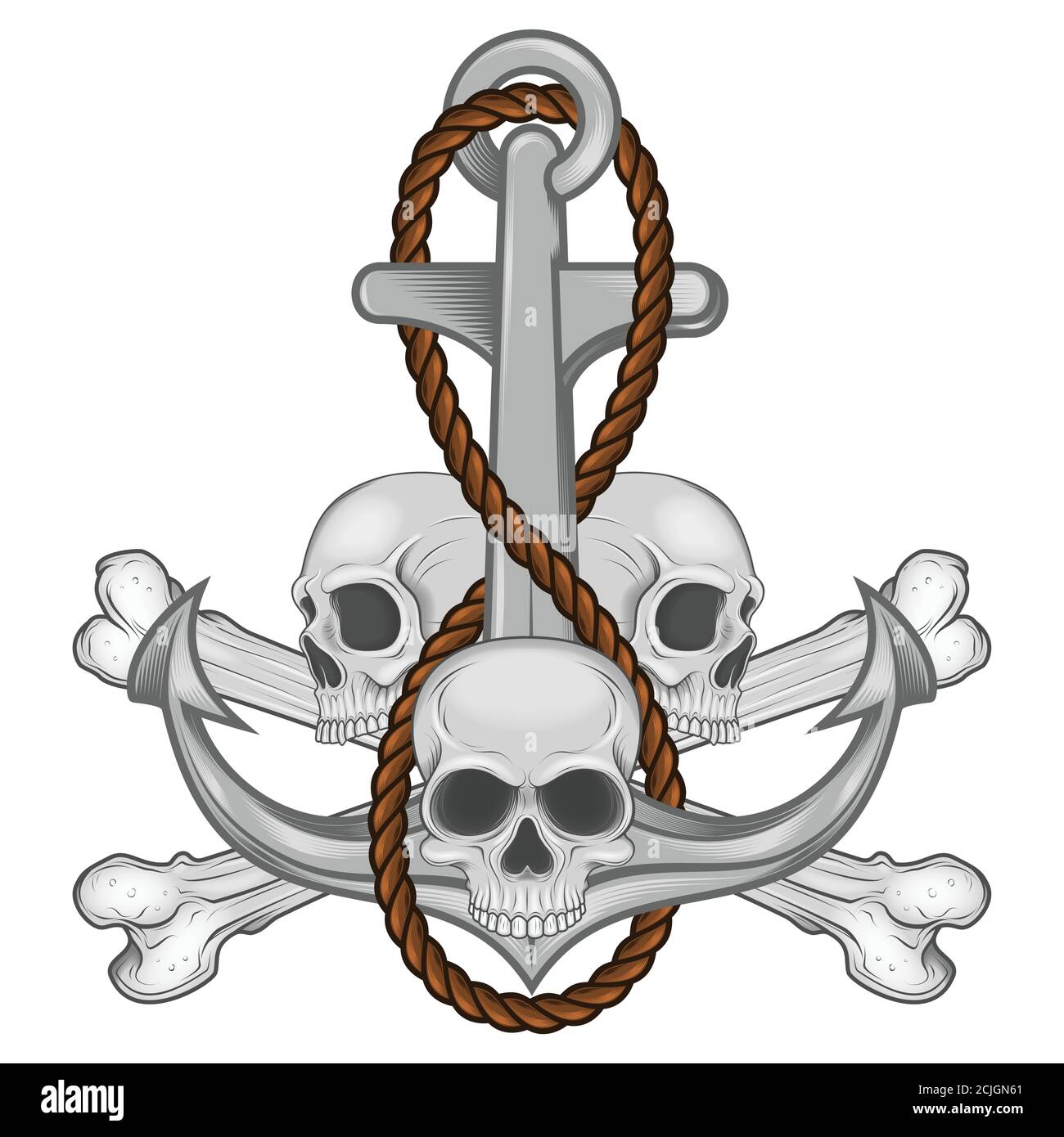 Vektor-Illustration von Schädeln mit einem Anker mit Seil und Knochen, mit Gradienten-Effekt, alle auf weißem Hintergrund. Stock Vektor