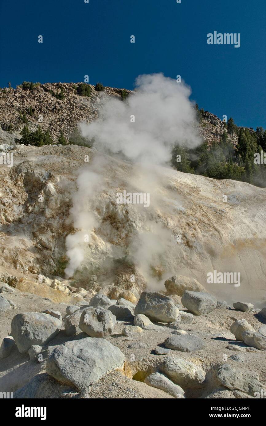 Fumarolen Dampf Öffnungen an Bumpass Hell Bereich in Lassen Volcanic Nationalpark, Kalifornien, USA Stockfoto