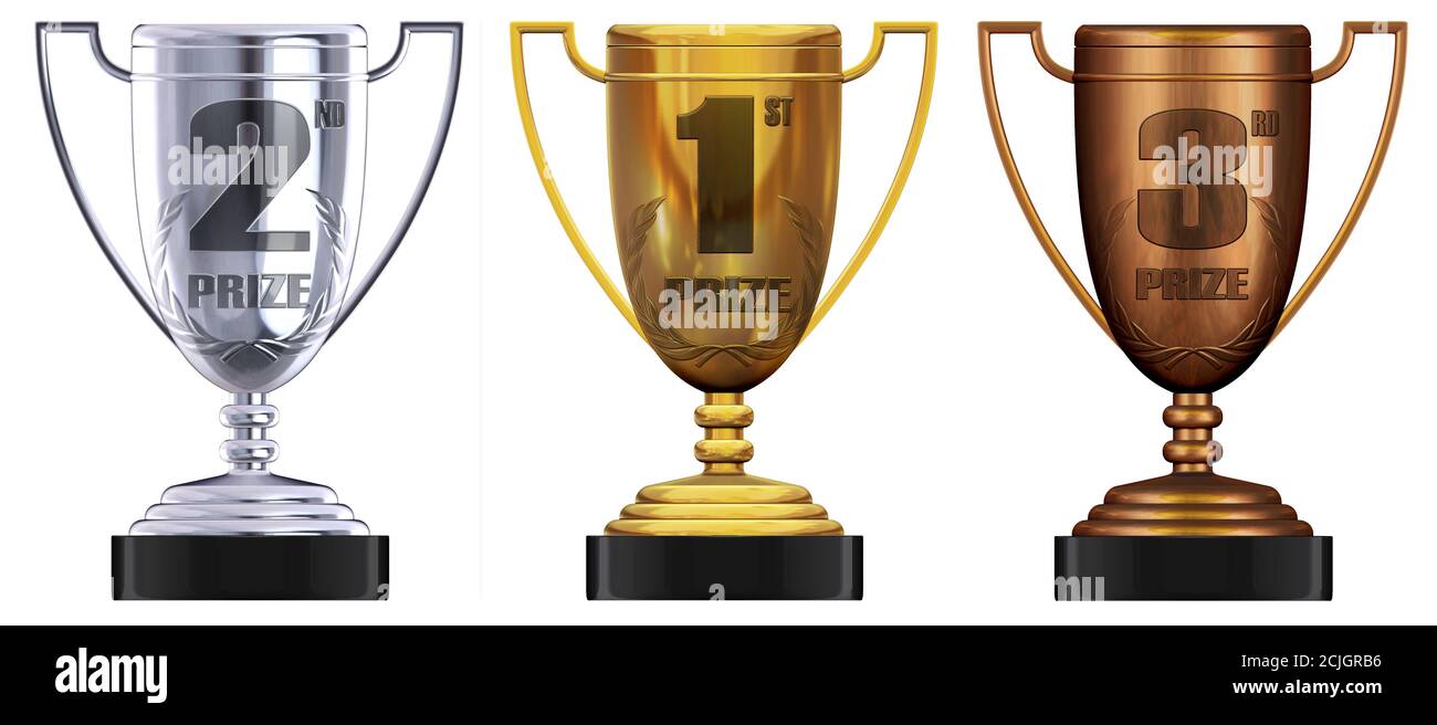 Trophäen auf dem ersten, zweiten und dritten Platz Stockfoto