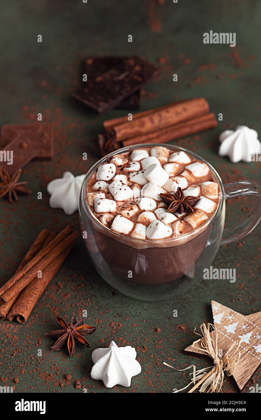 Glas Tasse heiße Schokolade oder Kakao mit Marshmallows und Anis, Stücke von Schokolade, Meringue und Gewürze auf grünem Beton Hintergrund. Herkömmliches wi Stockfoto