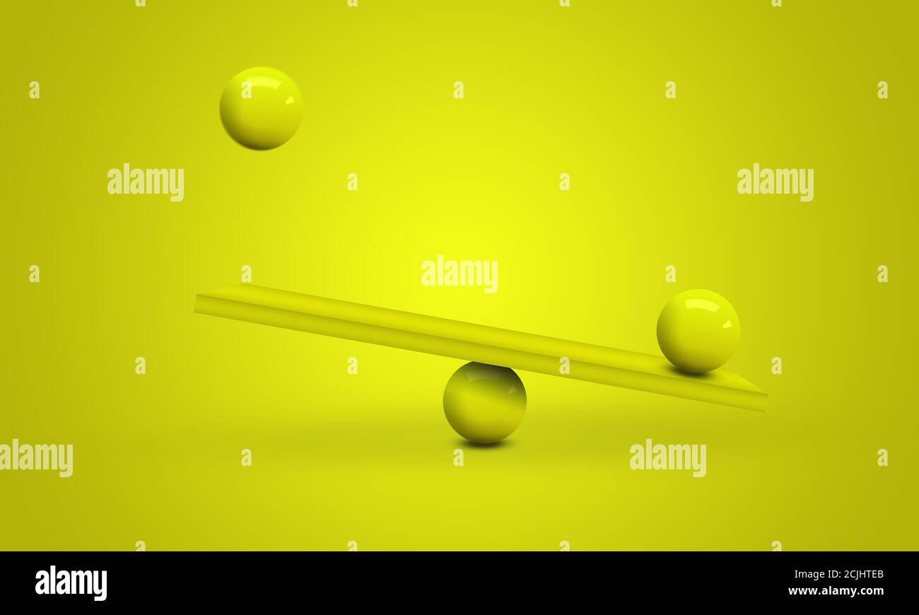 Gelbe Kugeln balancieren Gleichgewicht auf gelbem Hintergrund, Geschäftskonzept 3d Ball, professionelle Visualisierung, 3d-Rendering Stockfoto