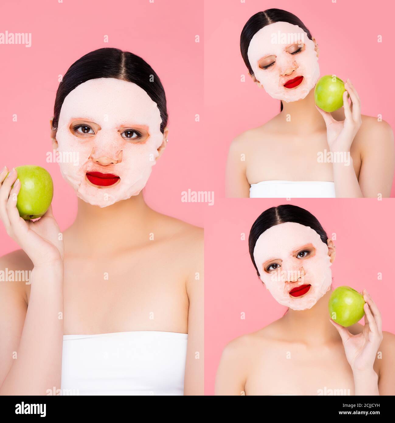 Collage aus asiatischem Modell mit Gesichtsmaske und roten Lippen Halten grünen Apfel isoliert auf rosa Stockfoto