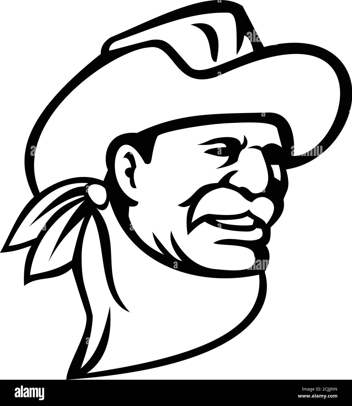 Maskottchen Illustration eines amerikanischen Cowboys trägt einen Hut, Schnurrbart und Nackentuch oder Bandana Blick zur Seite auf isolierten Hintergrund in Retro-Schwarz und Stock Vektor