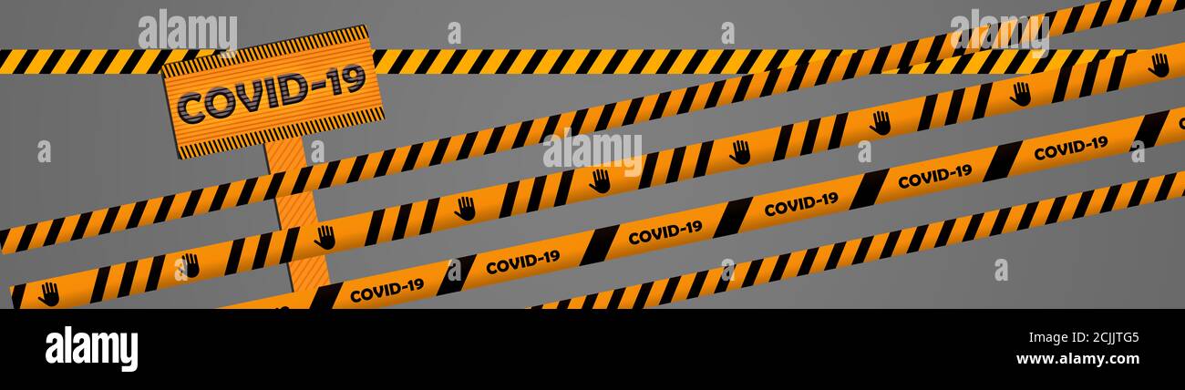 Covid-19 Warnband auf grau. Vorsicht Virus mit schwarzen und gelben Streifen. Stop Coronavirus Verbreitung Konzept : Gefahr Zeichen von Coronavirus Stockfoto