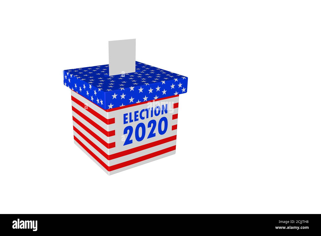 USA Präsidentschaftswahl 2020 Konzeptdarstellung, Wahlzettel in der Wahlurne vor weißem Hintergrund, Wahlbulletin, mit amerikanischer Flagge d Stockfoto