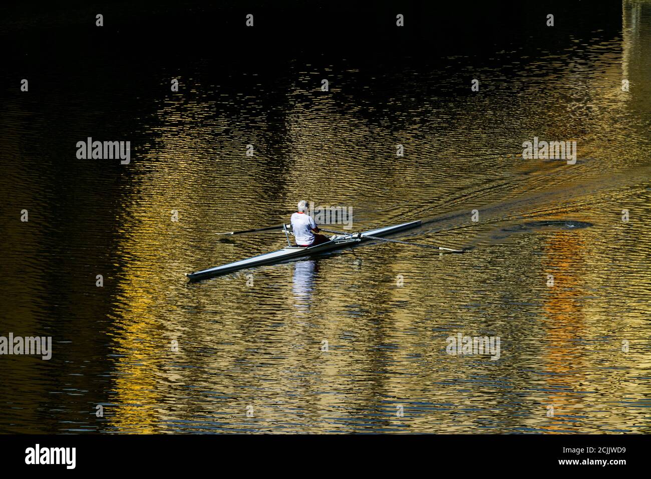 Mann rudert auf dem Fluss Arno in Florenz Stockfoto