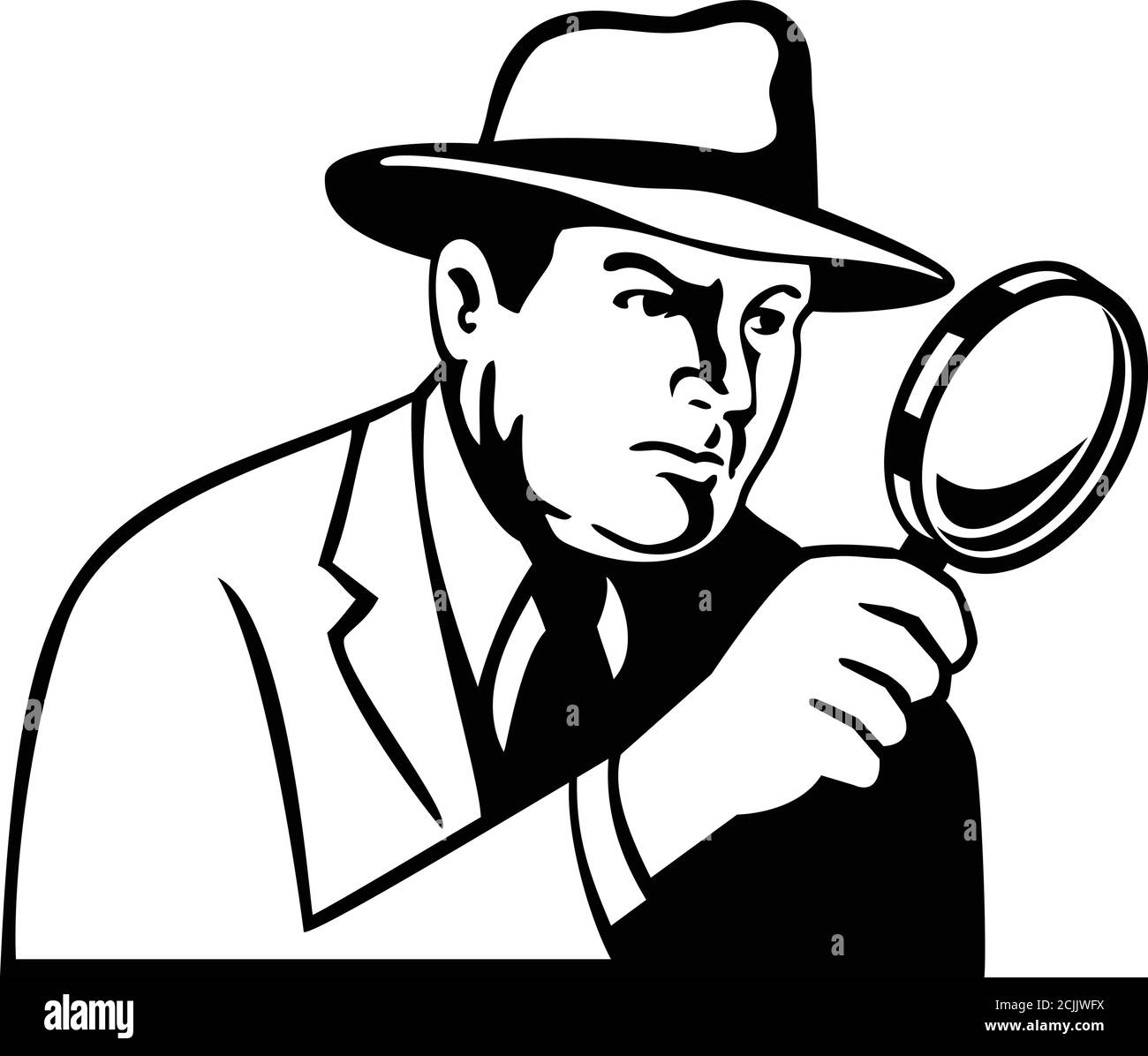 Schablone Illustration eines Detektivs, Inspektor, Privatauge oder Ermittler Blick durch Vergrößerungsglas trägt Fedora Hut von der Seite auf gesehen ist Stock Vektor