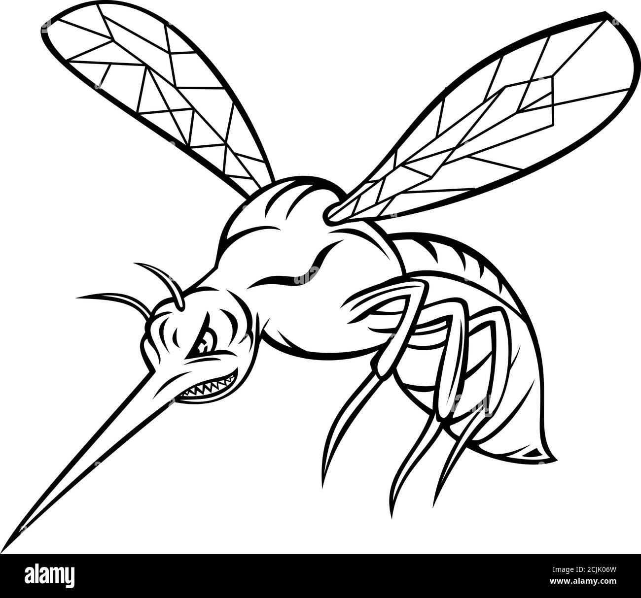 MASCOT Illustration einer Gelbfiebermücke oder Aedes aegypti, einer Mücke, die Dengue-Fieber, Chikungunya, Zika-Fieber-Virus verbreiten kann, fliegen auf iso Stock Vektor