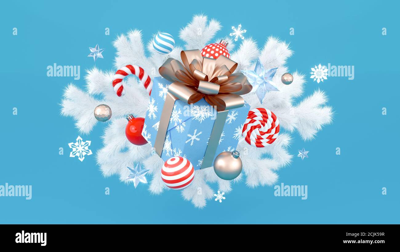 Weihnachts schwimmende Geschenkbox mit Tannenzweigen und Dekorationen. 3D-Rendering Frohe Weihnachten und Happy New Year Hintergrund. Stockfoto