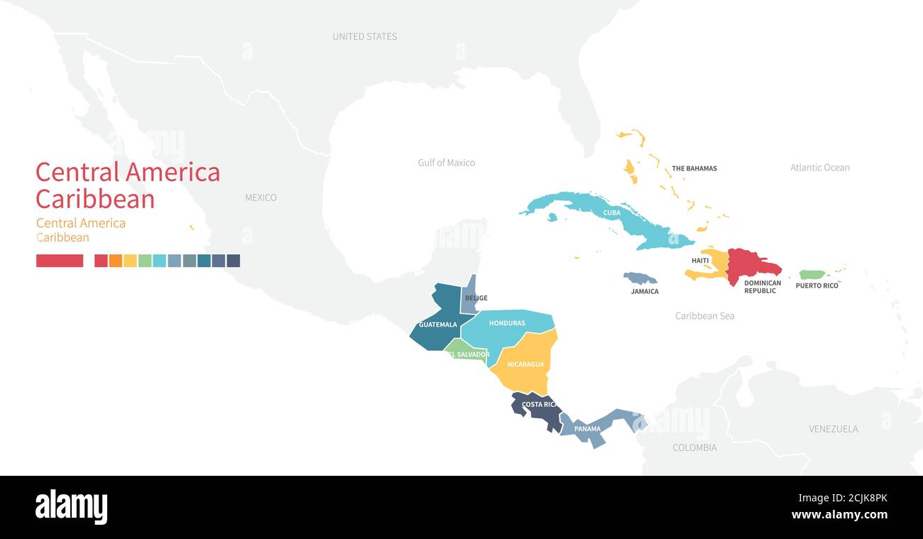 Farbenfrohe detaillierte Vektorkarte von mittelamerika, karibischen Ländern. Stock Vektor