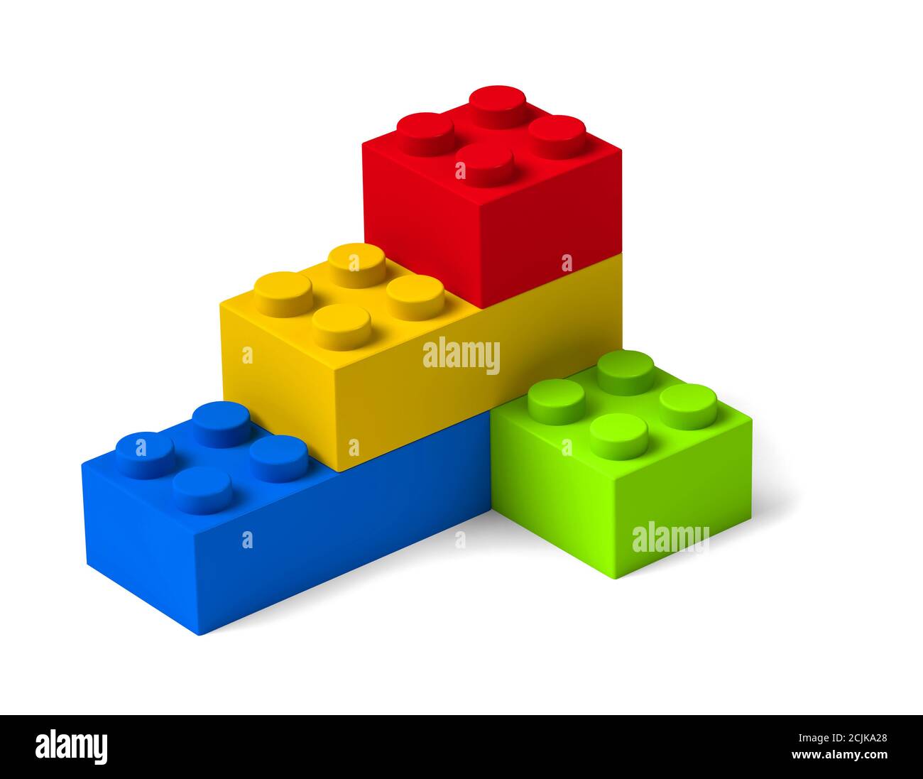 Vier bunte Spielzeug 3d Baustein Steine Montage Perspektive Ansicht Stockfoto