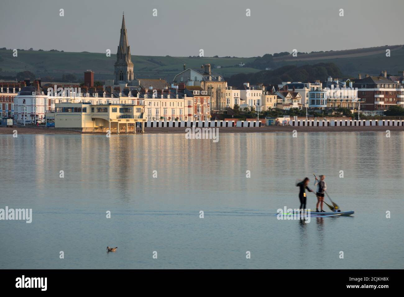 Zwei Paddle-Boarder in Weymouth Bay at Dawn, Jurassic Coast, Dorset, England, Großbritannien Stockfoto