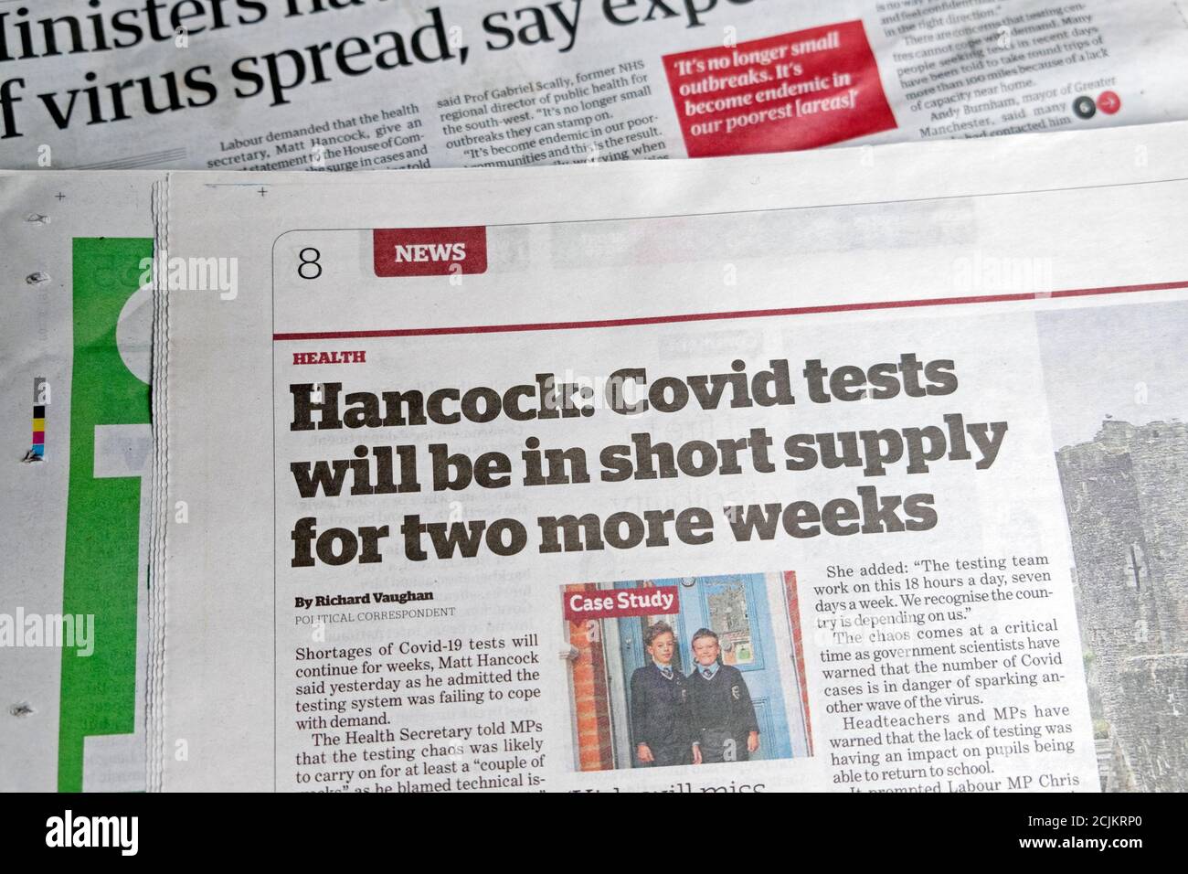'Hancock: Covid-Tests werden für zwei weitere Wochen knapp' Coronavirus covid 19 i Zeitung Headline article 9 September 2020 London England UK Stockfoto