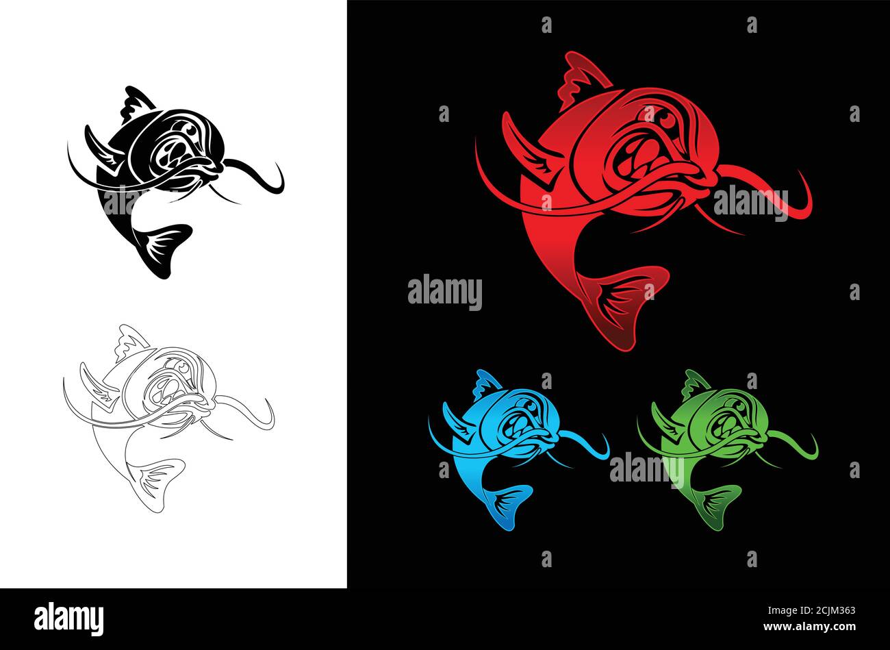 Ein Satz von Angry Catfish Vektor-Logo in rot, blau und grün Farbe Combo Stock Vektor