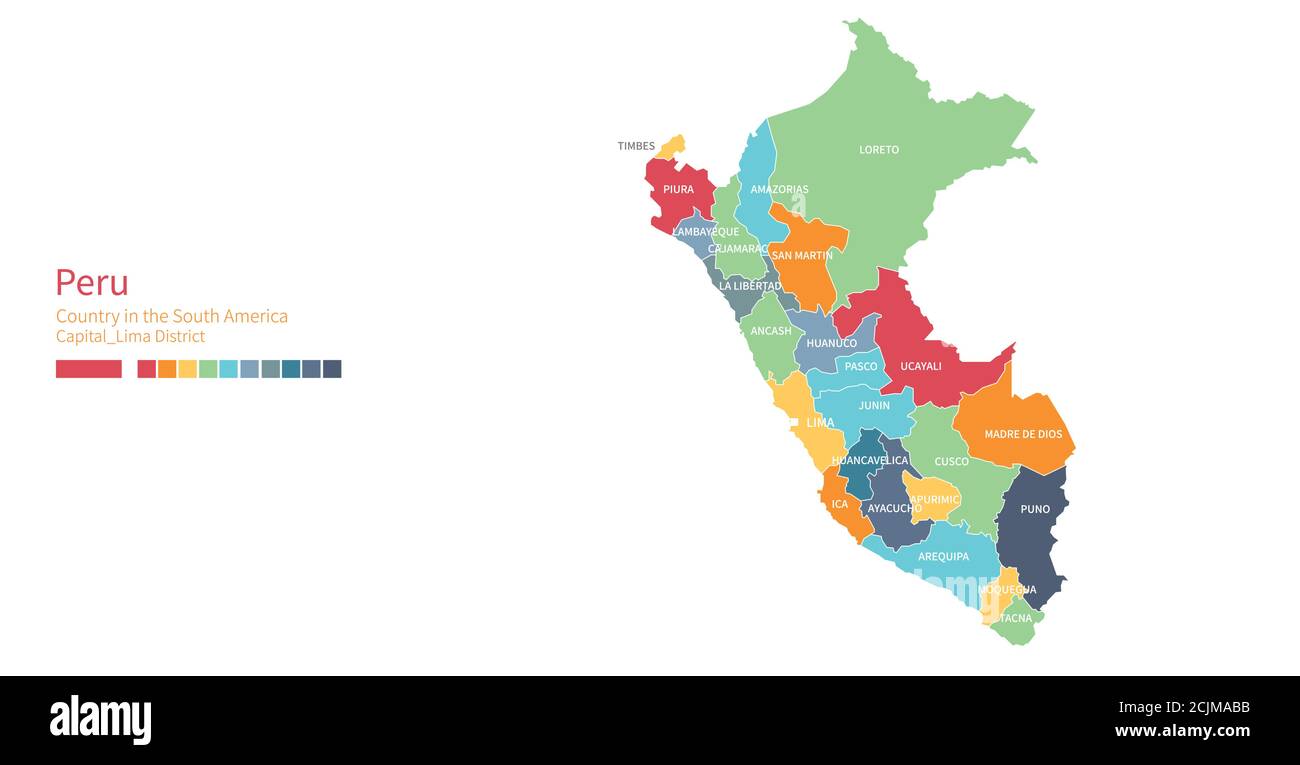 Peru-Karte. Farbenfrohe detaillierte Vektorkarte des südamerikanischen Landes. Stock Vektor