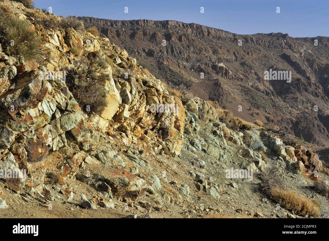 Los Azulejos im Teide Nationalpark gefunden, blau und grün getönte vulkanische Felsformationen, besitzen ihre Farbe auf die hydrothermale Veränderung des Bodens Stockfoto