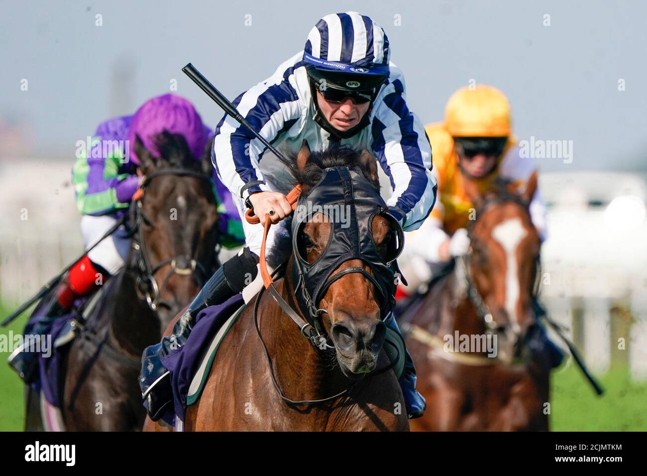 Großvater Tom geritten von Ray Dawson geht auf die Folgen bei den Rennen auf Twitter Handicap auf Great Yarmouth Racecourse zu gewinnen. Stockfoto