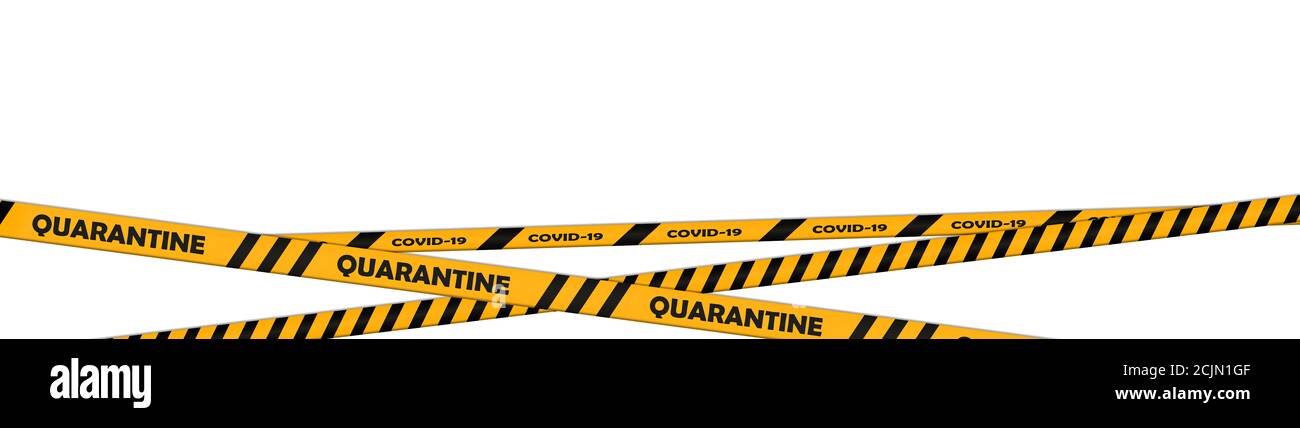Coronavirus Vorsicht- und Warnband, schwarze und gelbe Streifen auf weiß mit Kopierraum Stockfoto