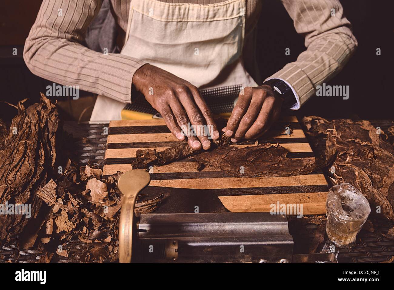 Prozess der Herstellung von traditionellen Zigarren aus Tabakblättern mit Händen mit einem mechanischen Gerät und Presse. Tabakblätter für die Herstellung von Zigarren. Nahaufnahme Stockfoto