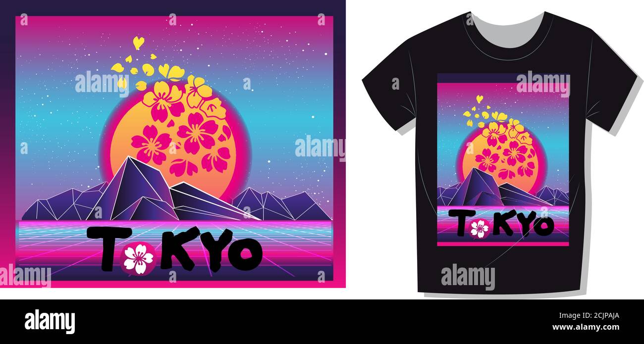 Ästhetische Vaporwave T-Shirt Druckvorlage mit Sonne und Berge: 90s 80s Retro Japan Cartoon Kawaii Otaku Hipster Style, Synthwave / RetroWave Neon C Stock Vektor