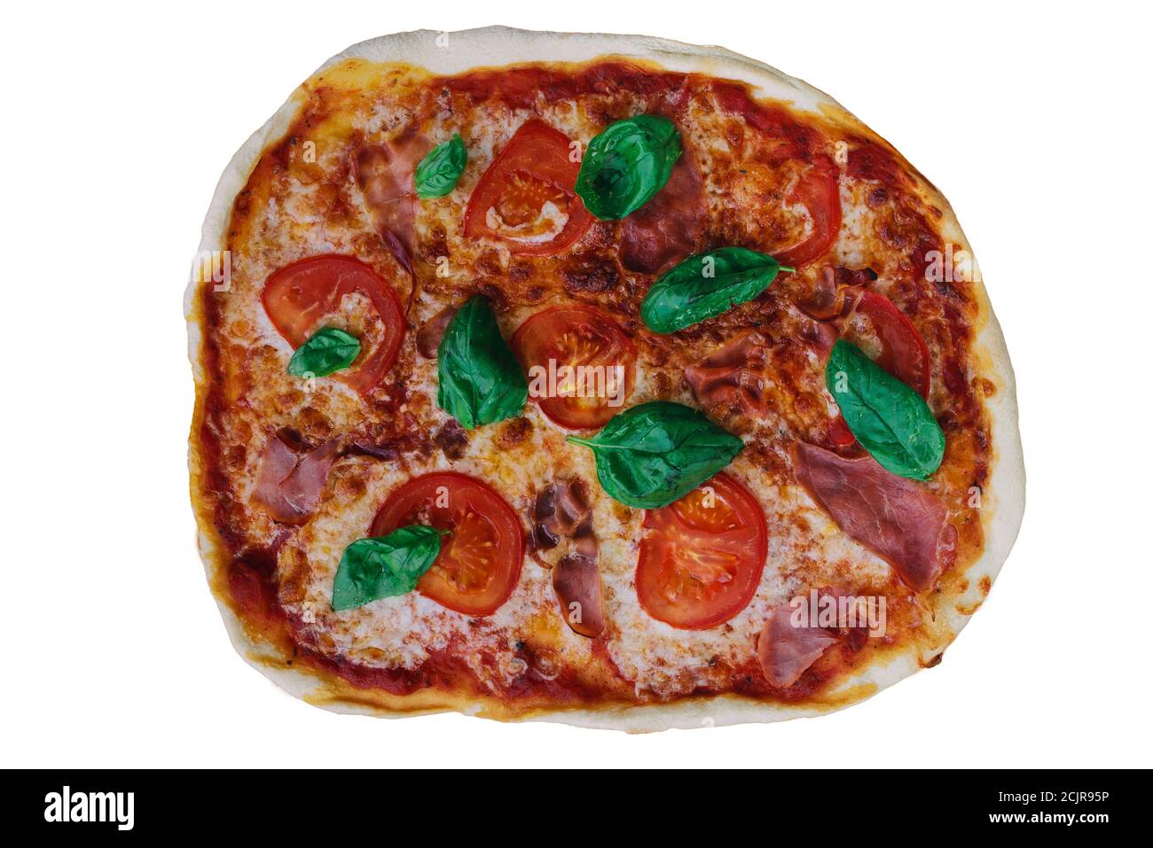 Direkt über dem Blick auf frische rustikale hausgemachte italienische Pizza isoliert Auf weißem Hintergrund Stockfoto