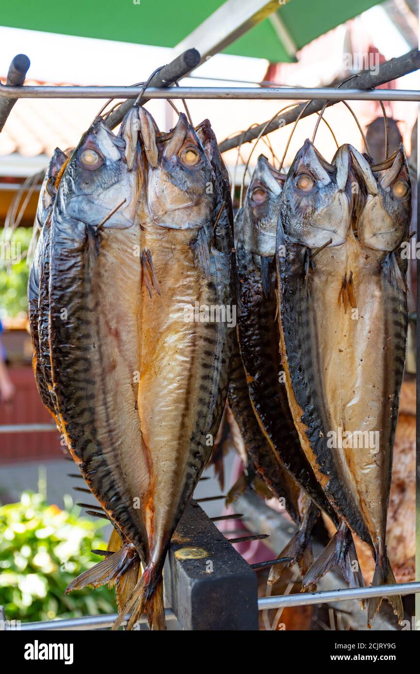 Trocken geräucherter gewürzter Makrelenfisch in einem Fischmarkt, fertig zum Essen, vertikal Stockfoto