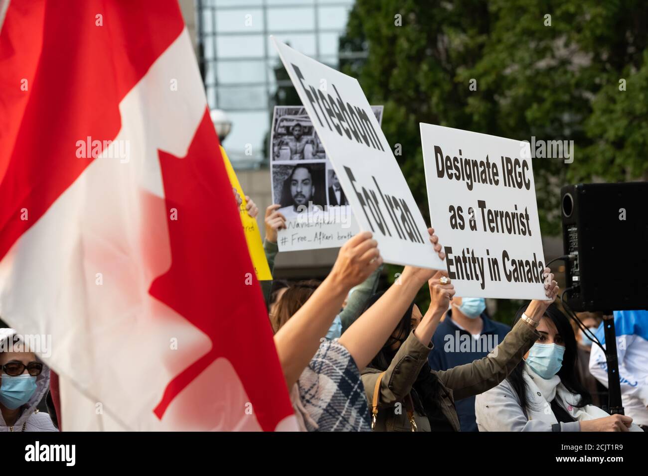 Demonstranten fordern die kanadische Regierung auf, das Korps der Islamischen Revolutionsgarde nach dem Tod von Navid Afkari zu einer terroristischen Einheit zu ernennen. Stockfoto