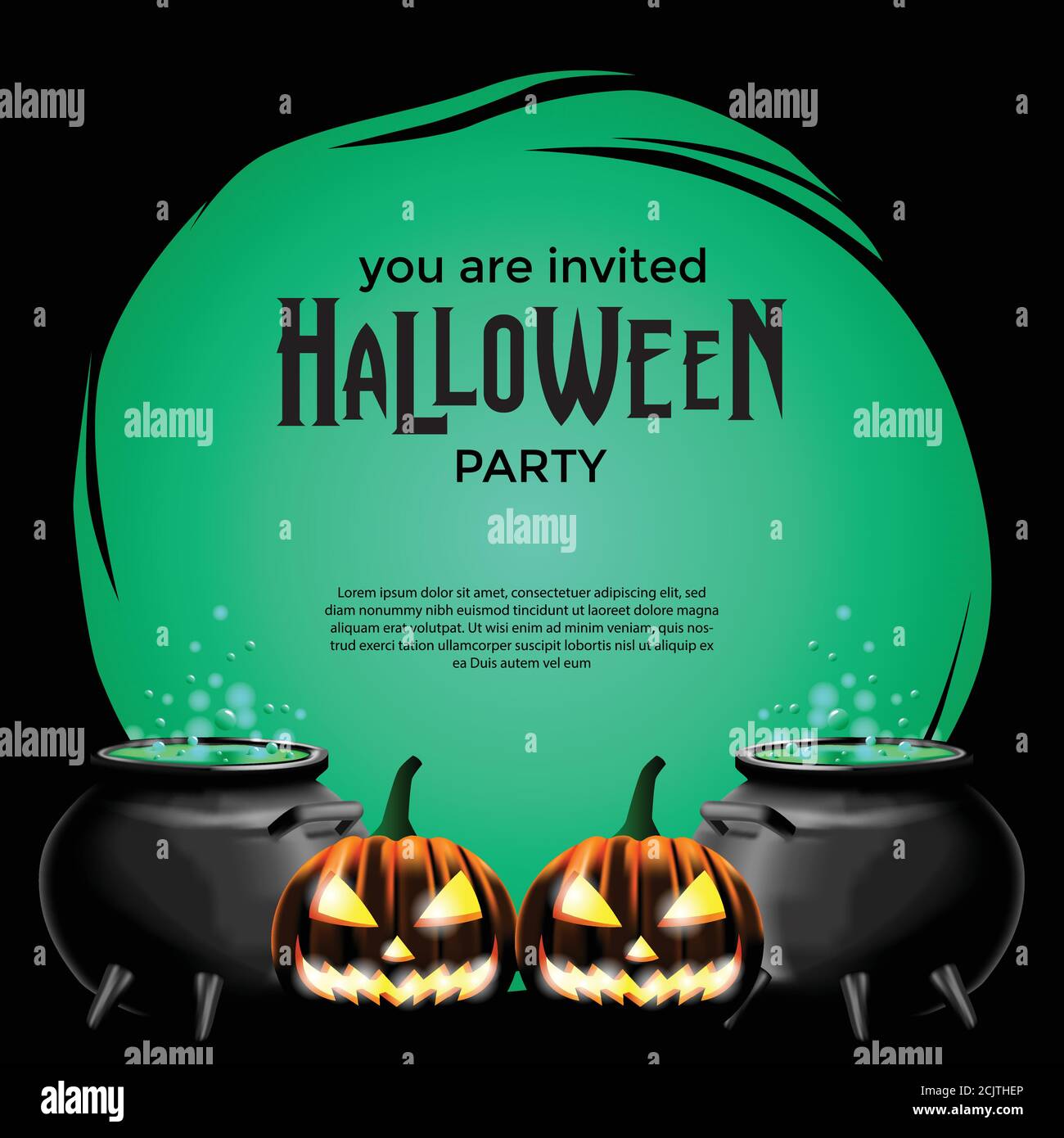 Halloween Party Banner Vorlage mit Kreis Rahmen und Illustration von jack o Laterne und Trank in den Topf Stock Vektor