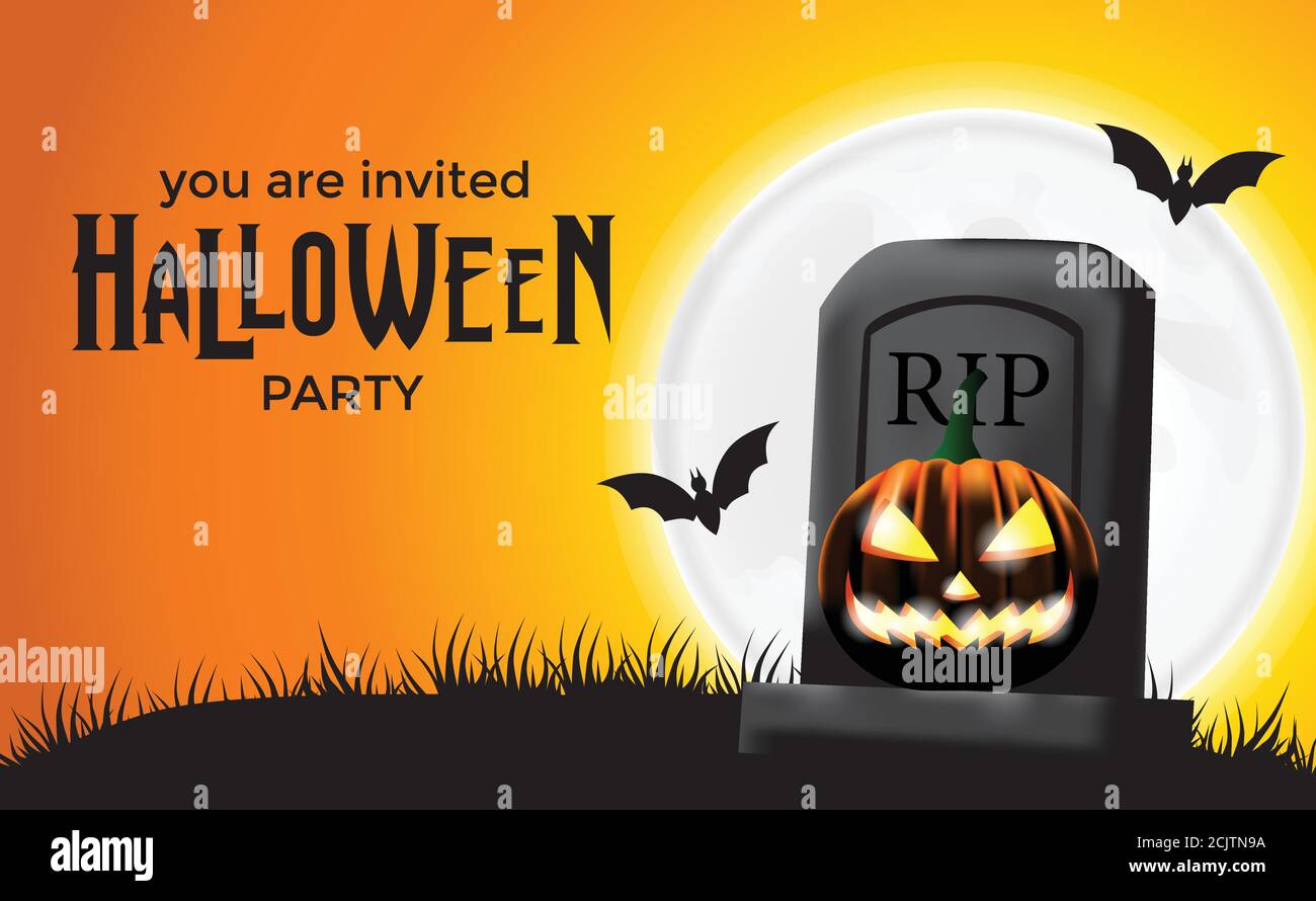 Halloween Trick or Treat Einladung Party Banner mit Illustration von Kürbisse Jack o Laterne auf dem Grab am cary Orange Nacht mit Vollmond und Stock Vektor