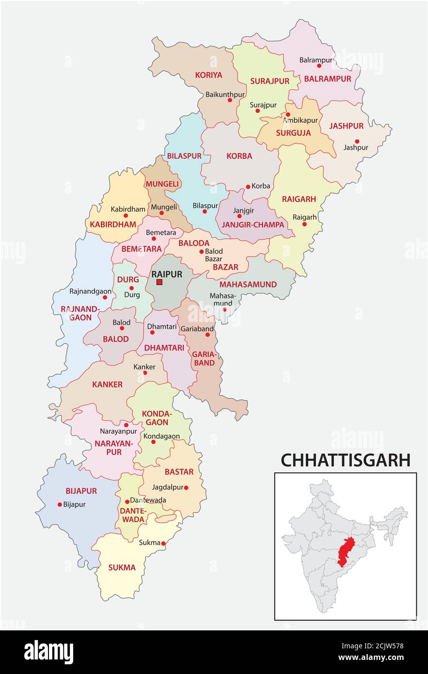 Administrative und politische Karte des indischen Staates Chhattisgarh, indien Stock Vektor