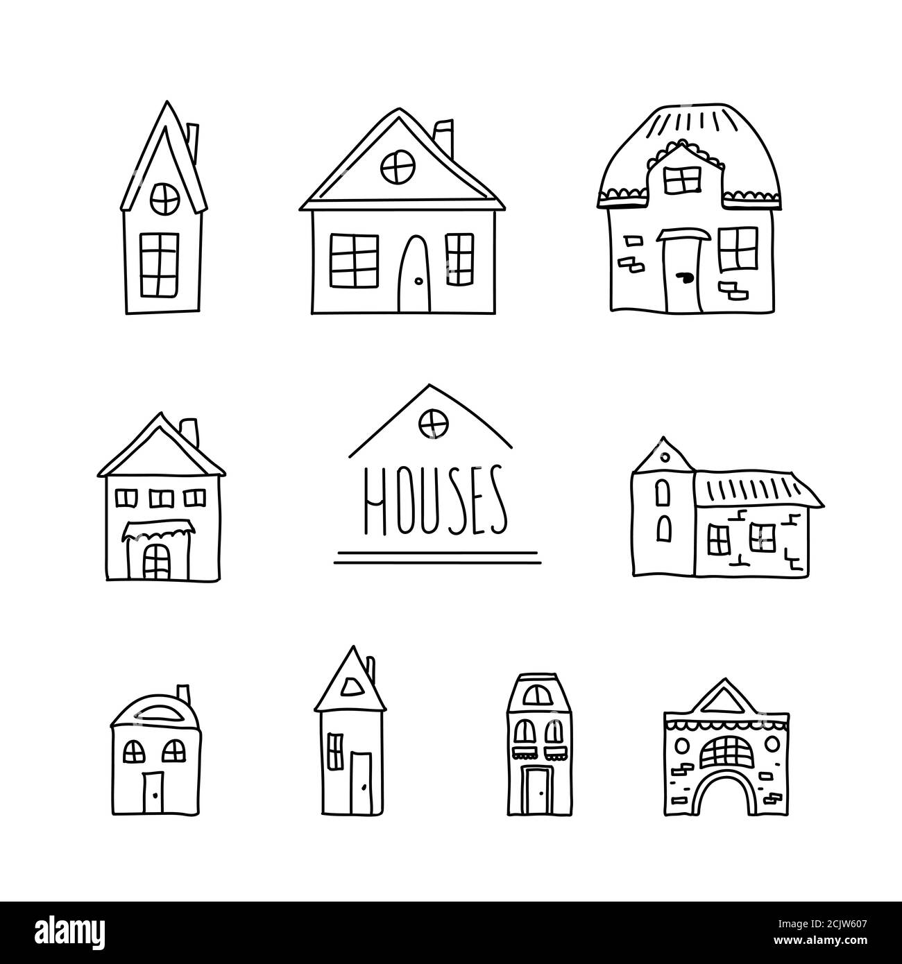 Handgezeichneter Satz Doodle Häuser. Dünne schwarze Linie. Verschiedene Fenster, Türen und Dächer. Vektorgrafik isoliert auf Weiß Stock Vektor
