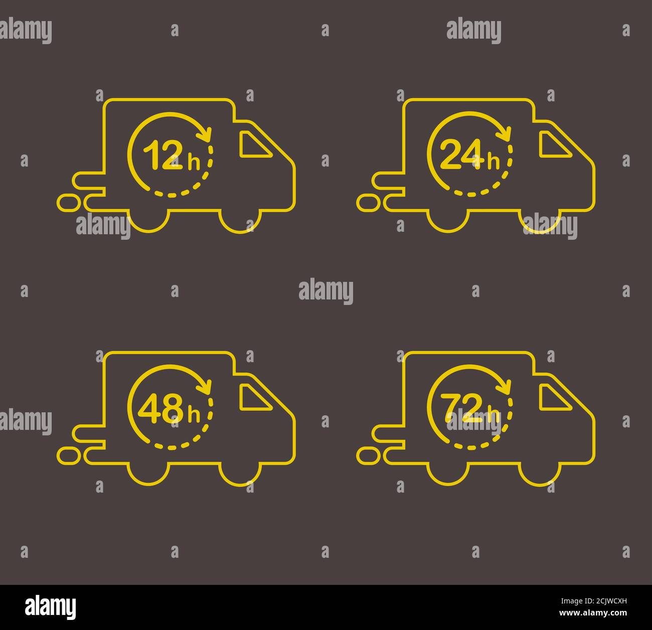 Lieferung in 12, 24, 48 und 72 Stunden Icon Set. Vektorgrafik für flache Versandart. Stock Vektor