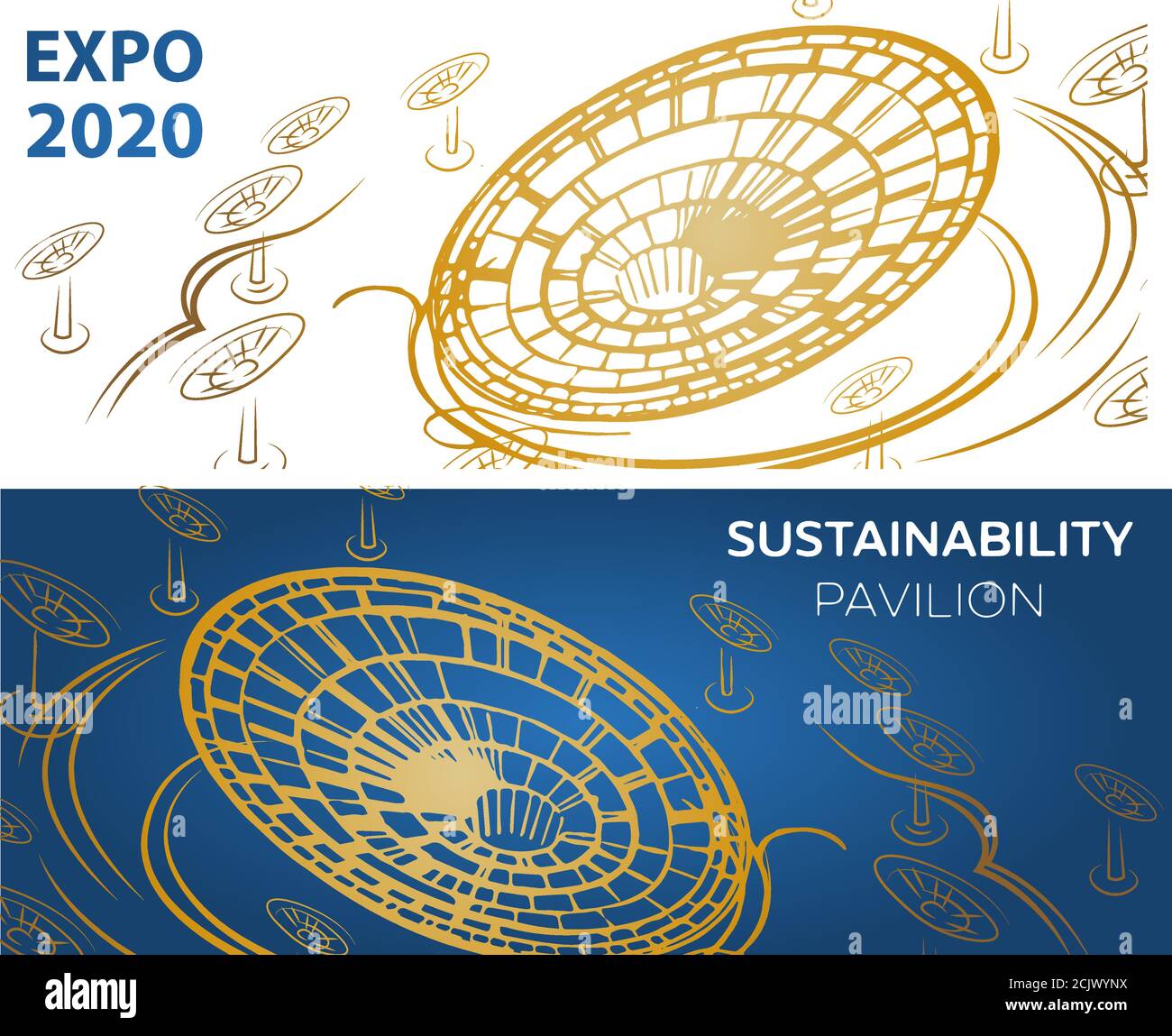 UAE dubai expo 2020 GROSSE Foster-Partner grimshaw Pavillon Nachhaltigkeit, EIN minimaler Stil der Dubai Skyline Konzept im Jahr 2020, Hintergrund flach h Stock Vektor