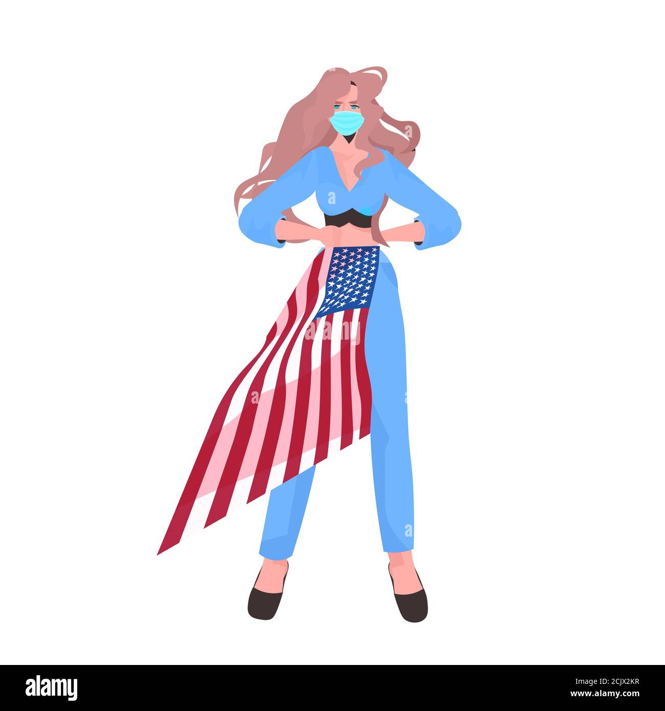 Frau in Maske hält USA Flagge Labor Day Feier Coronavirus Quarantäne Konzept volle Länge Vektor-Illustration Stock Vektor