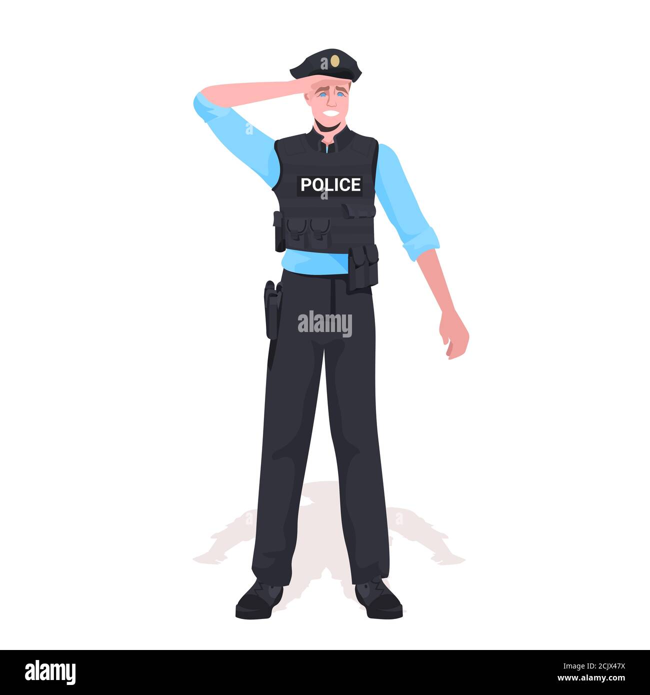 Polizist in taktischer Ausrüstung Krawalle Polizist stehend Pose Demonstranten Und Demonstration Steuerkonzept volle Länge Vektor-Illustration Stock Vektor