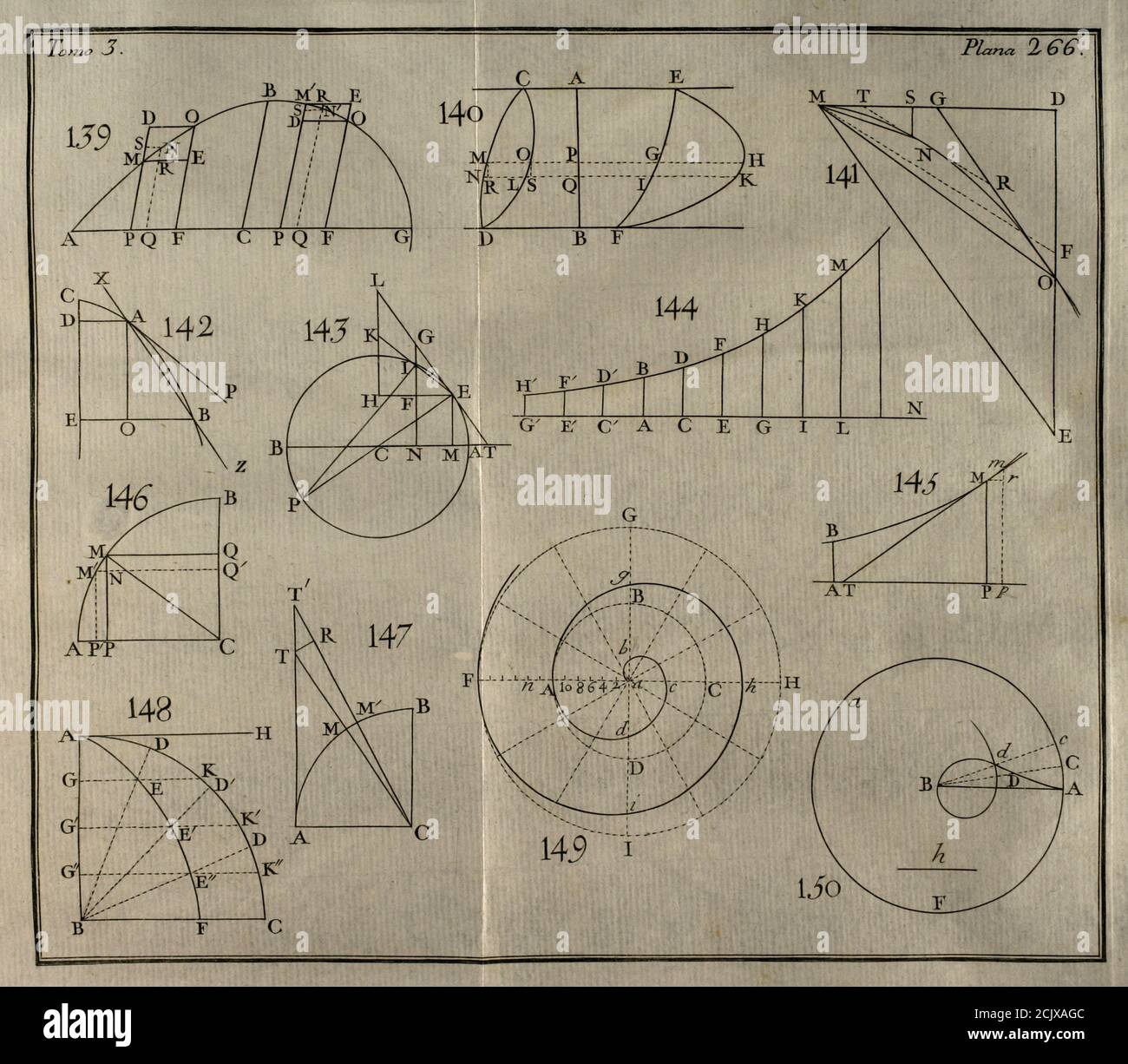 'Elementos de Matematica' (Elemente der Mathematik), vom spanischen Architekten und Mathematiker Benito Bails (1730-1797). Abbildungen, die trigonometrische Kalkül darstellen. Band III, die behandelt Elemente der konischen Abschnitte, Elemente der Infinitesimalrechnung und sphärische Trigonometrie. Veröffentlicht in Madrid, 1779. Stockfoto