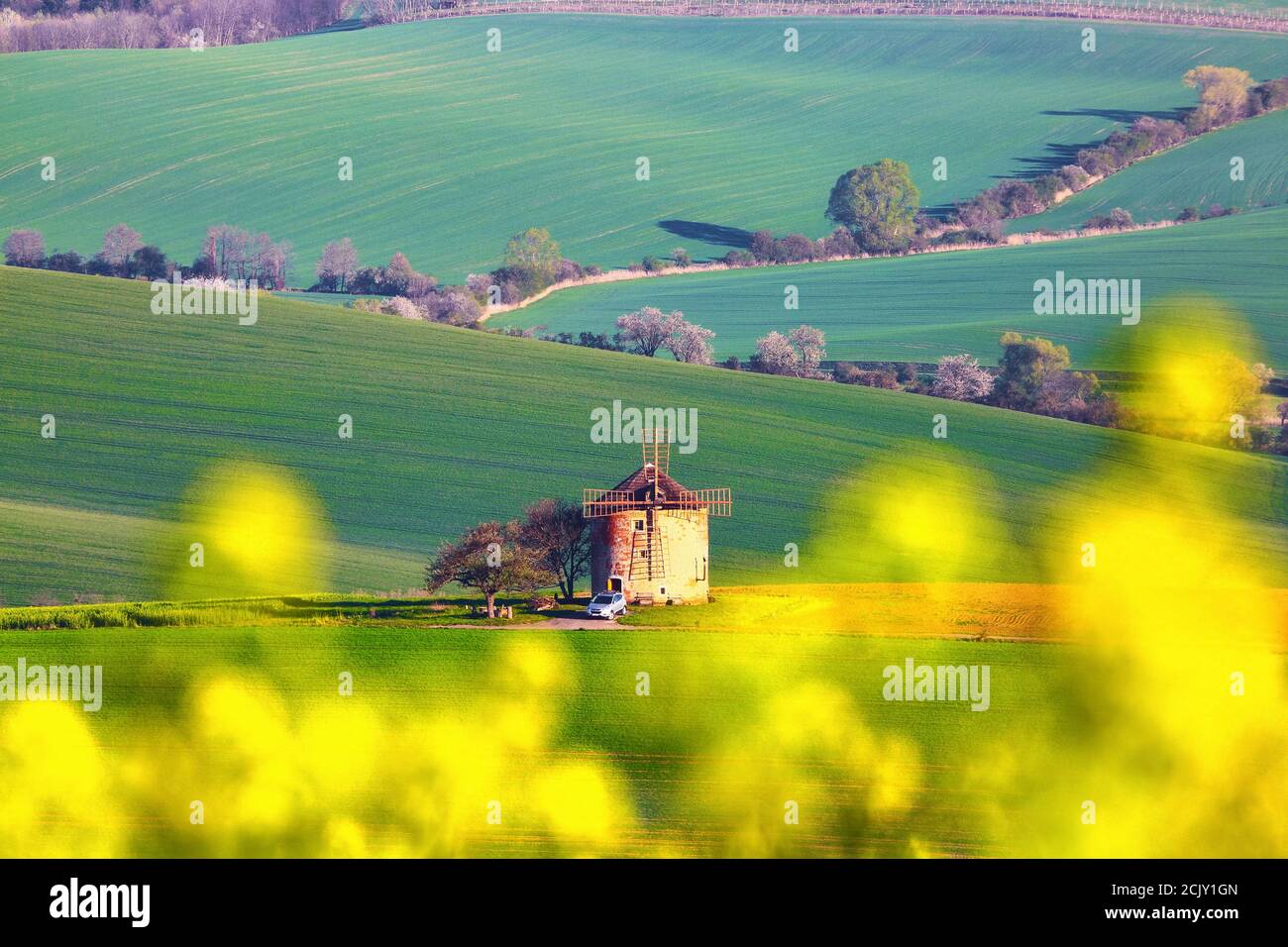 An den unglaublichen Feldern dort. Alte Mühle. Südmährische Region Tschechische Republik. Schöne Frühlingslandschaft. Ländliche Landschaft. Stockfoto