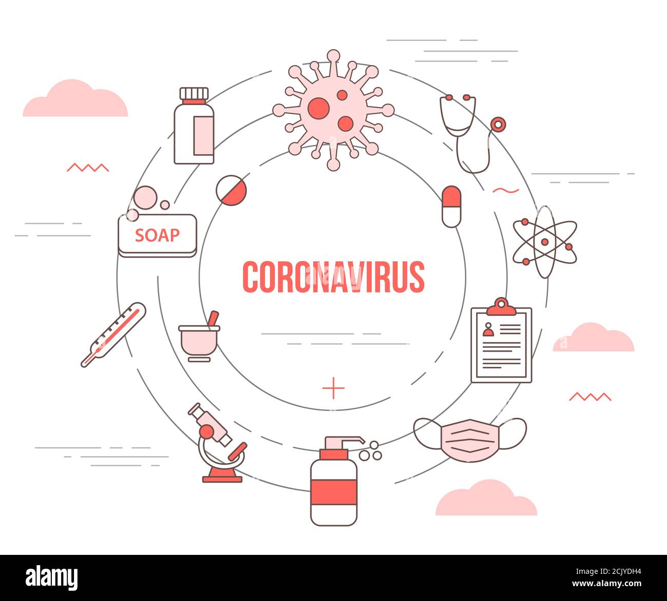 Coronavirus Konzept mit Icon Set Template Banner mit modernem Orange Farbstil Stock Vektor