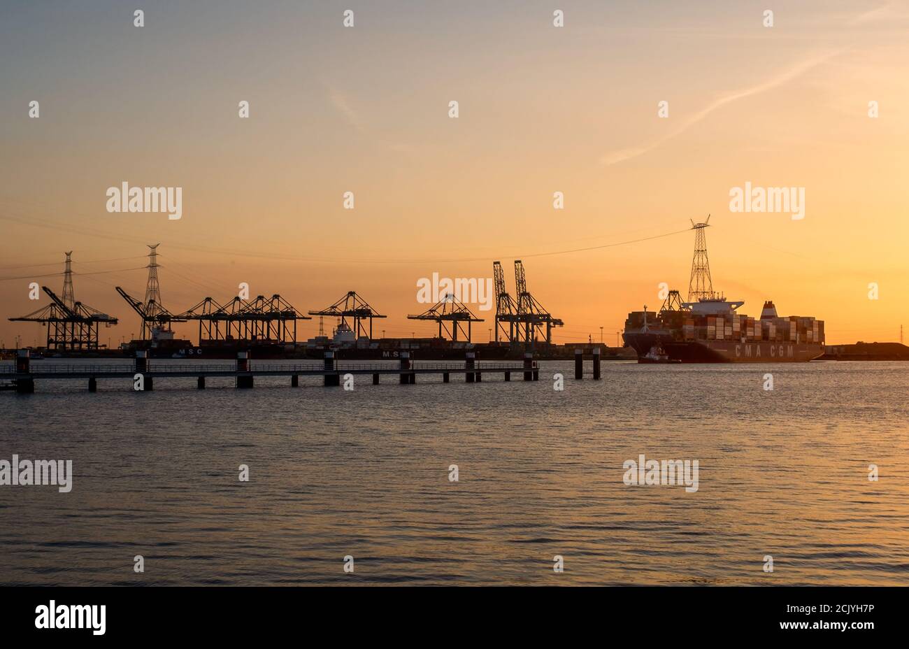 Großes Containerschiff CMA CGM Niagara wird eingeschleppt Die Deurganck Dock des Hafens von Antwerpen Stockfoto