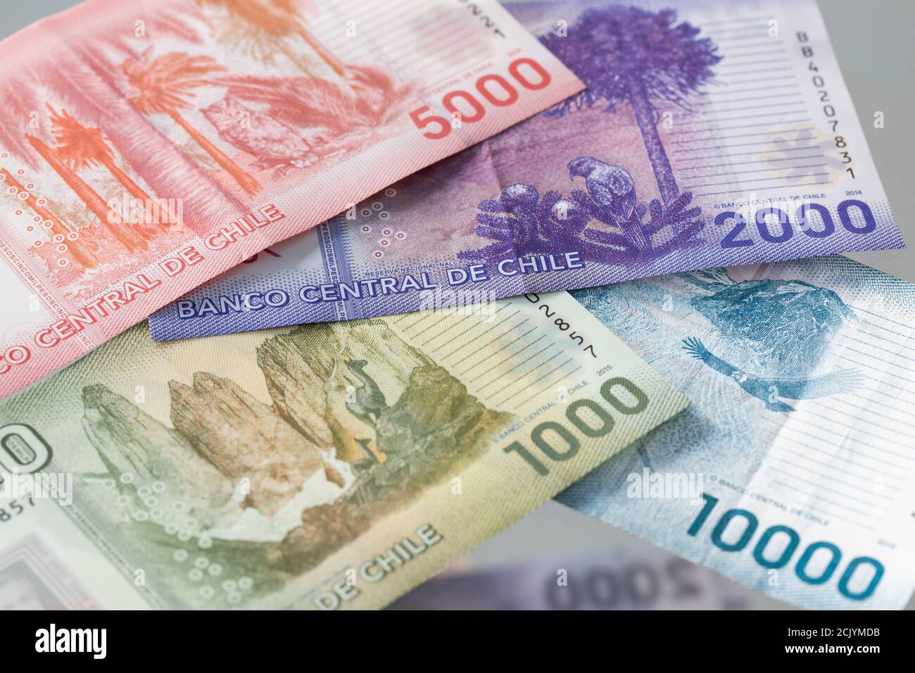 Chilenisches Geld, verschiedene Banknoten auf dem Tisch verteilt, umgekehrt Stockfoto