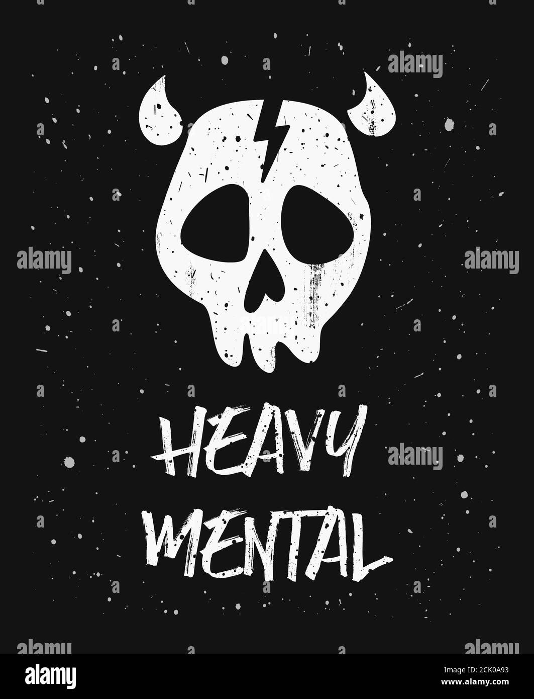Schweres mentales, trendiges Textkunstdesign zum Drucken, ein Totenkopf-Symbol mit Hörnern und Blitzzeichen auf der Stirn. Gruselige Illustration für Metal und Rock mu Stockfoto