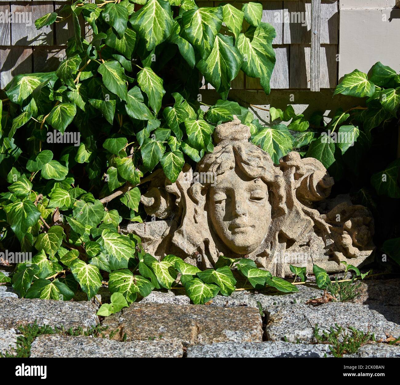 Architektonisches Ornament des Gesichts einer Frau in einem von Efeu umgebenen Garten. Im Vordergrund sind Granitpflaster. Stockfoto